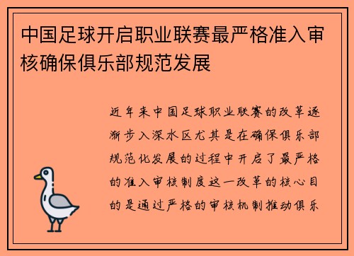 中国足球开启职业联赛最严格准入审核确保俱乐部规范发展 中国足球开启职业联赛最严格准入审核确保俱乐部规范发展